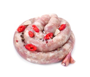 Photo of Homemade sausage, garlic, chili and spices isolated on white