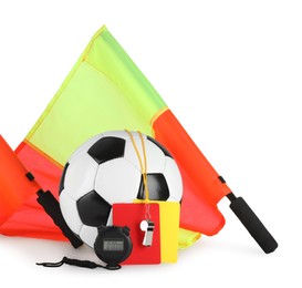 Soccer ball and different referee equipment isolated on white