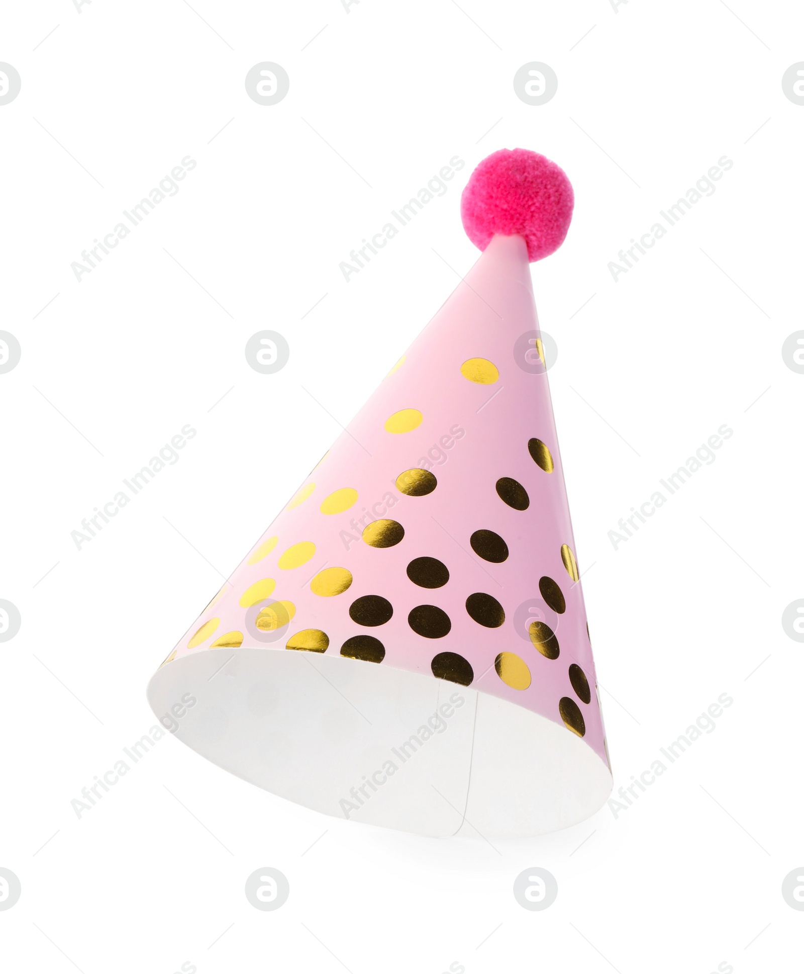 Photo of One pink party hat with pompom isolated on white