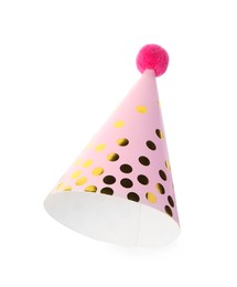 One pink party hat with pompom isolated on white