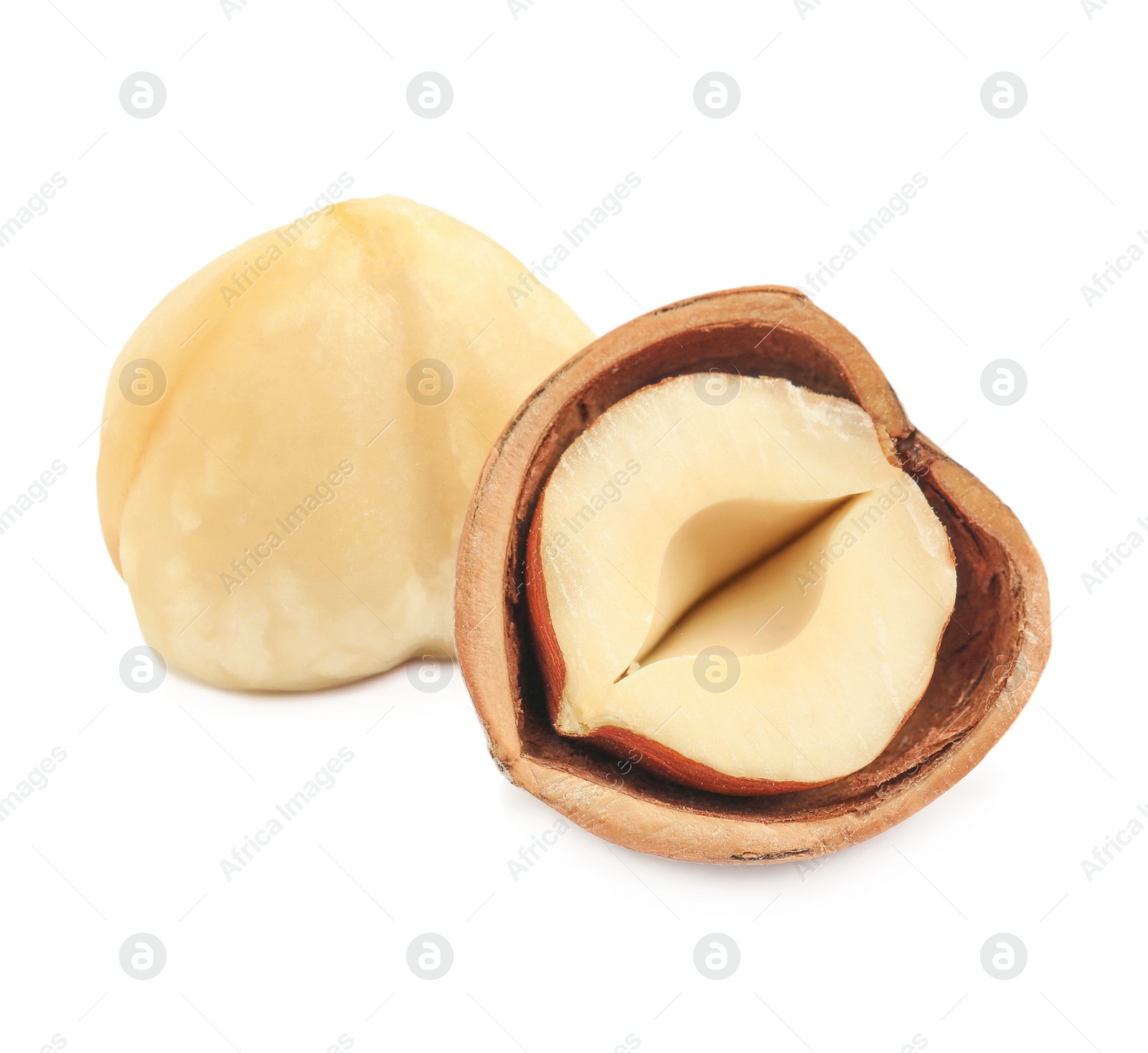 Image of Tasty organic hazelnuts on white background. Healthy snack