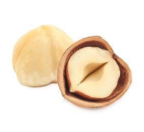 Image of Tasty organic hazelnuts on white background. Healthy snack