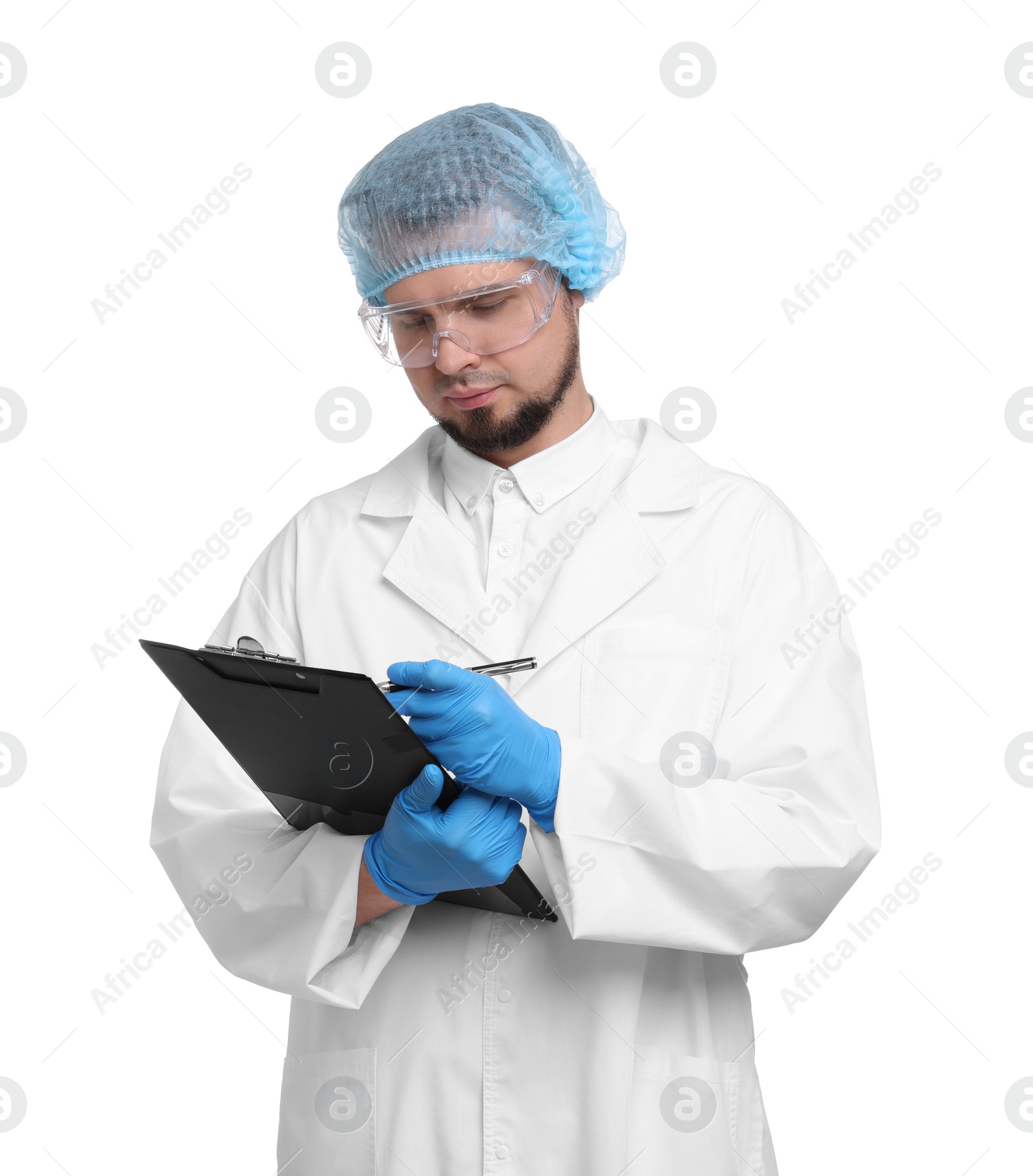 Photo of Quality control. Food inspector with clipboard on white background