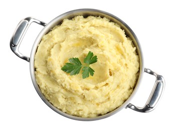 Photo of Pot of tasty mashed potatoes with parsley isolated on white, top view