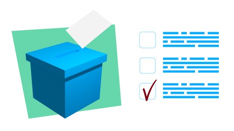 Illustration of box with ballot and checkboxes on white background. Electronic voting