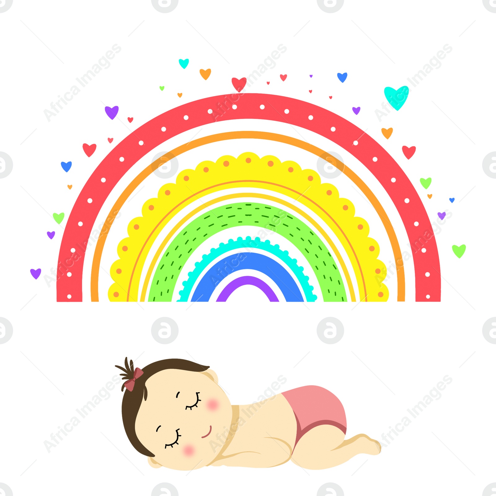 Illustration of National Rainbow Baby Day card. Rainbow and hearts over sleeping child on white background, illustration