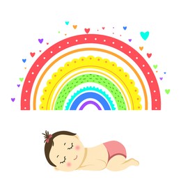 Illustration of National Rainbow Baby Day card. Rainbow and hearts over sleeping child on white background, illustration