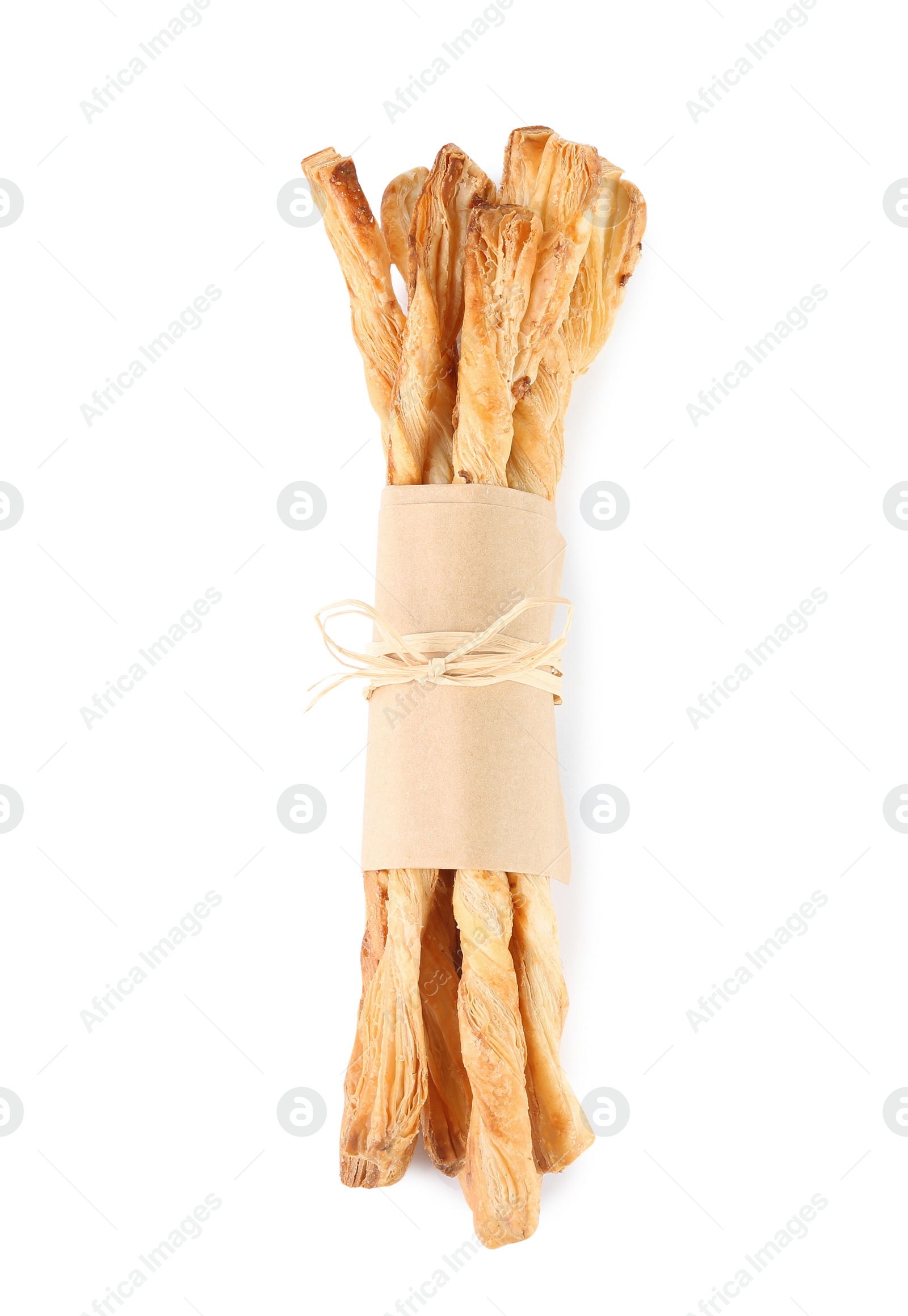 Photo of Delicious grissini isolated on white, top view. Crusty breadsticks