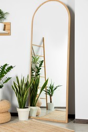 Stylish full length mirror and houseplants near white wall in room