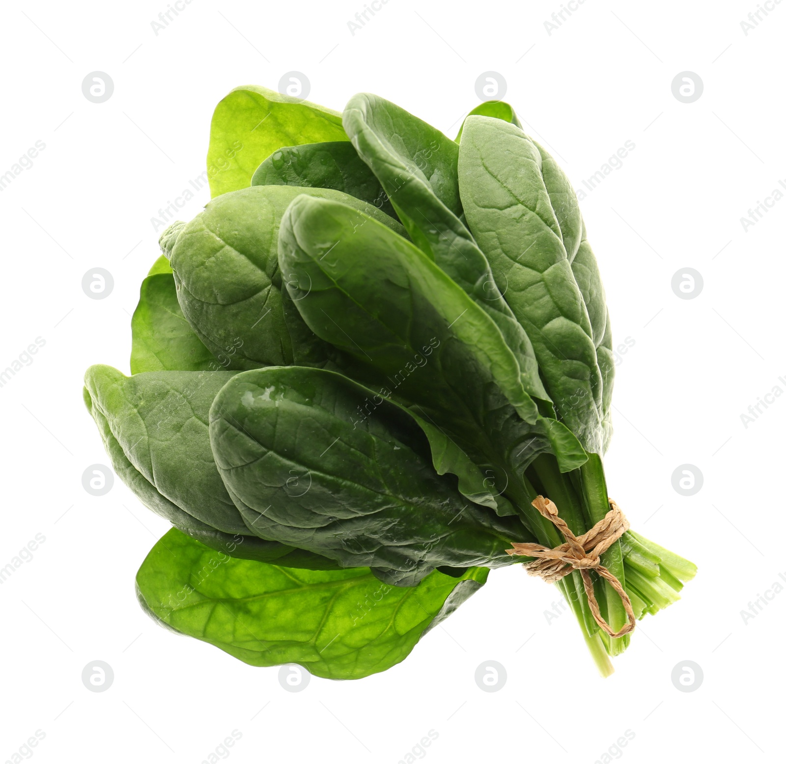 Photo of Bunch of fresh spinach isolated on white, top view