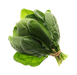 Photo of Bunch of fresh spinach isolated on white, top view