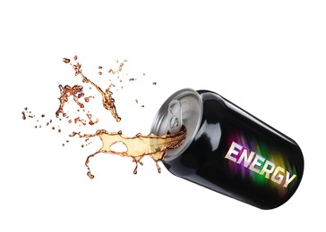 Image of Can of energy drink with splashes on white background