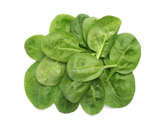 Photo of Pile of fresh spinach leaves isolated on white, top view