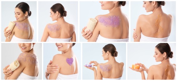 Image of Collage with photos of young woman applying body scrubs on light grey background, closeup. Banner design
