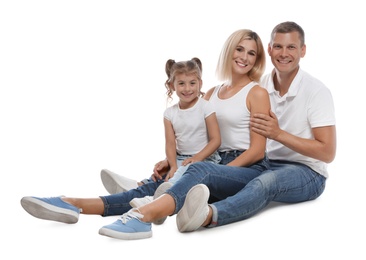 Photo of Happy family with child on white background