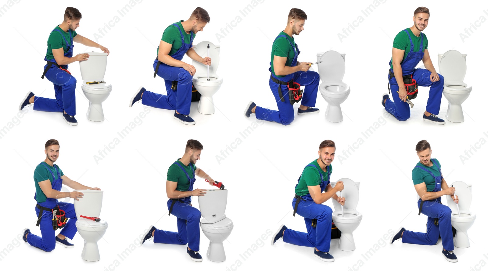 Image of Collage with photos of plumber repairing toilet bowl on white background