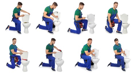 Image of Collage with photos of plumber repairing toilet bowl on white background