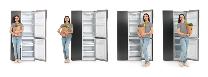 Image of Collage of woman with bag of groceries near open empty refrigerators on white background
