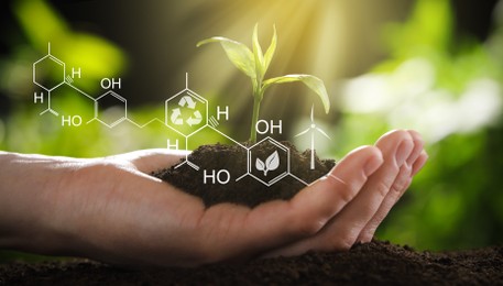 Image of Illustration of chemical formula and woman holding young green seedling in soil, closeup