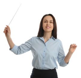 Photo of Music teacher with baton on white background