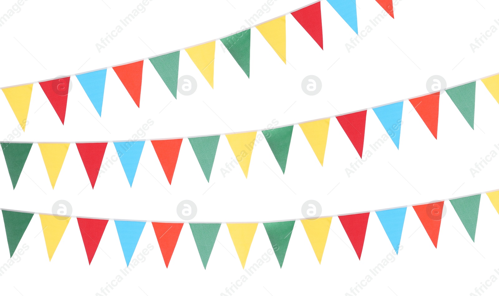 Image of Colorful triangular bunting flags on white background. Festive decor