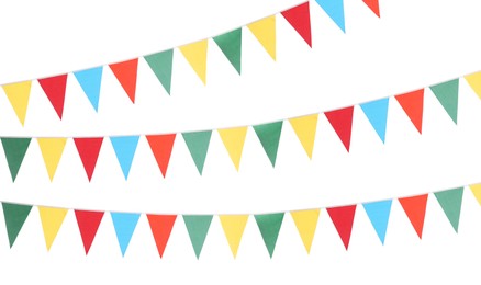 Image of Colorful triangular bunting flags on white background. Festive decor