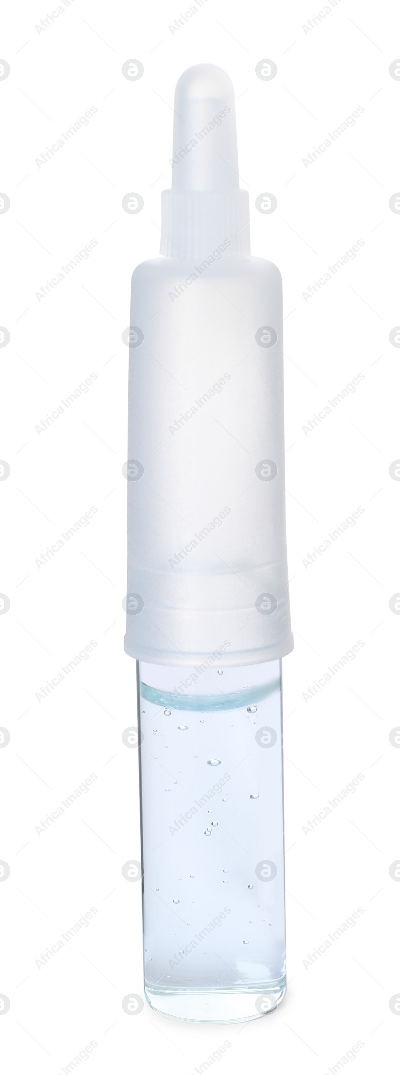 Photo of Glass pharmaceutical ampoule with dropper on white background