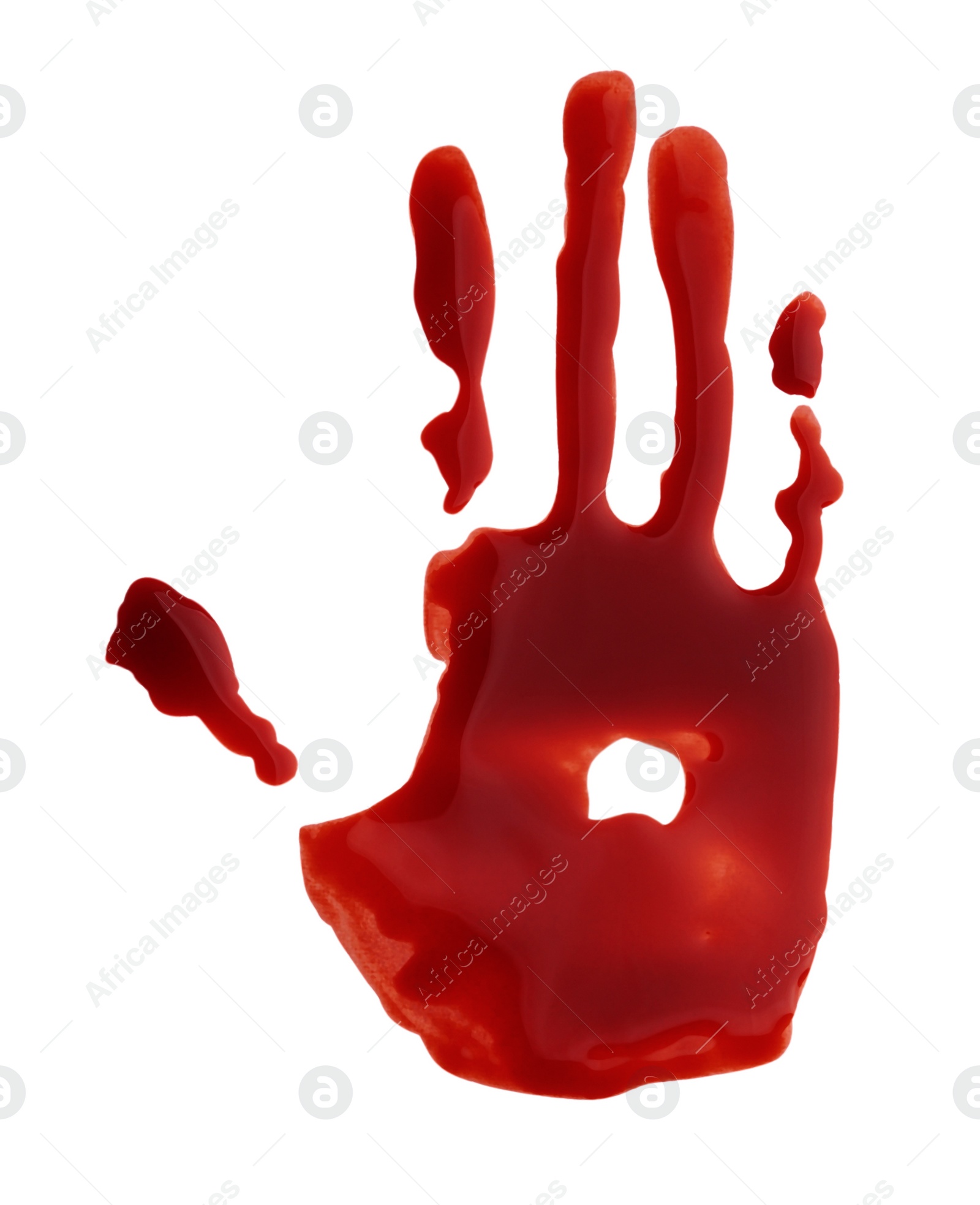 Photo of Bloody handprint isolated on white, top view