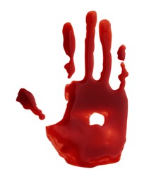 Bloody handprint isolated on white, top view