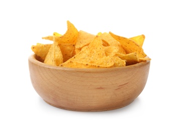 Wooden bowl of Mexican nachos chips on white background