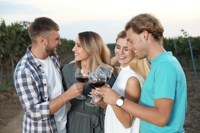 Friends holding glasses of wine and having fun on vineyard picnic