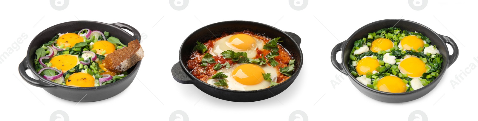 Image of Delicious shakshuka in frying pans isolated on white, set