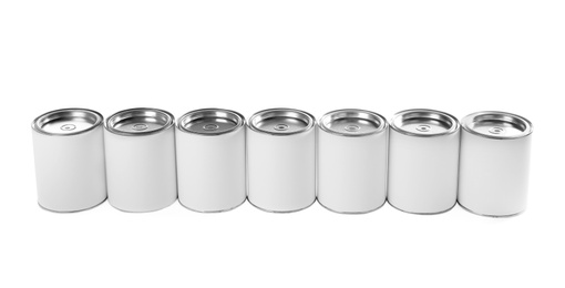 Photo of Closed blank cans of paint isolated on white