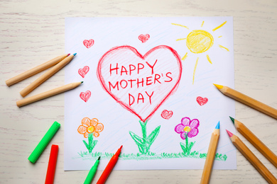 Photo of Flat lay composition with drawing for Mother's day on white wooden background
