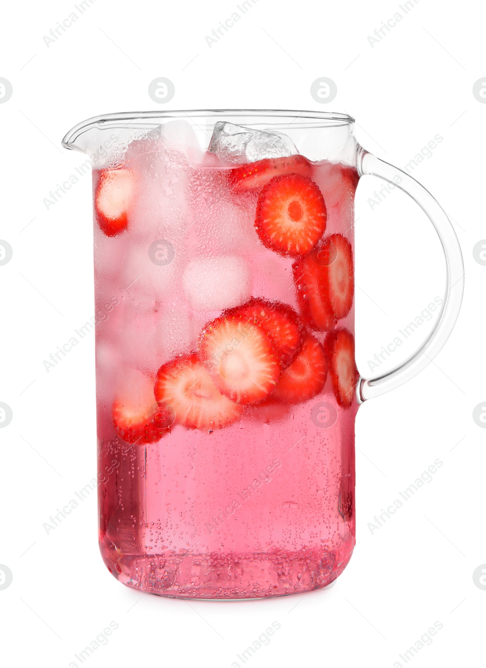 Photo of Freshly made strawberry lemonade in jug isolated on white