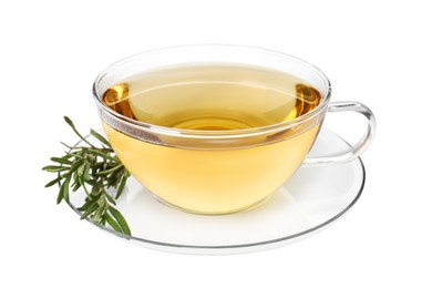 Photo of Cup of aromatic herbal tea and fresh rosemary isolated on white