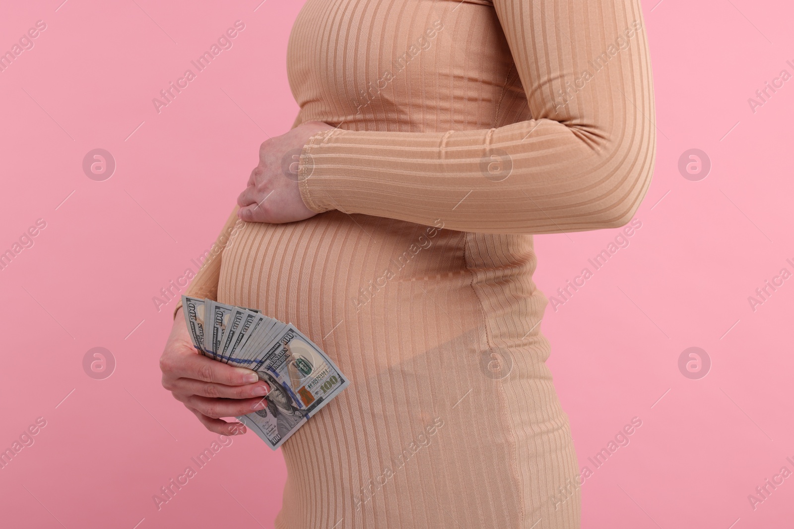 Photo of Surrogate mother. Pregnant woman with dollar banknotes on pink background, closeup