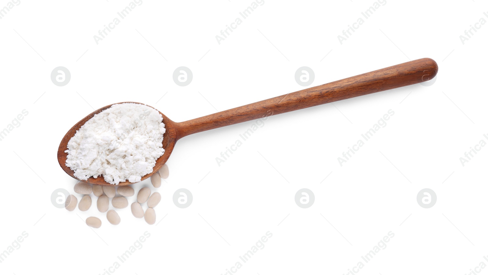 Photo of Wooden spoon with flour and kidney beans isolated on white, top view