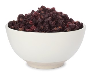 Bowl of tasty dried currants on white background