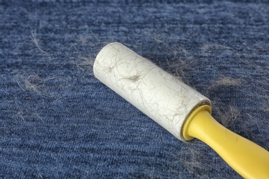 Photo of Lint roller on blue fabric covered with hair
