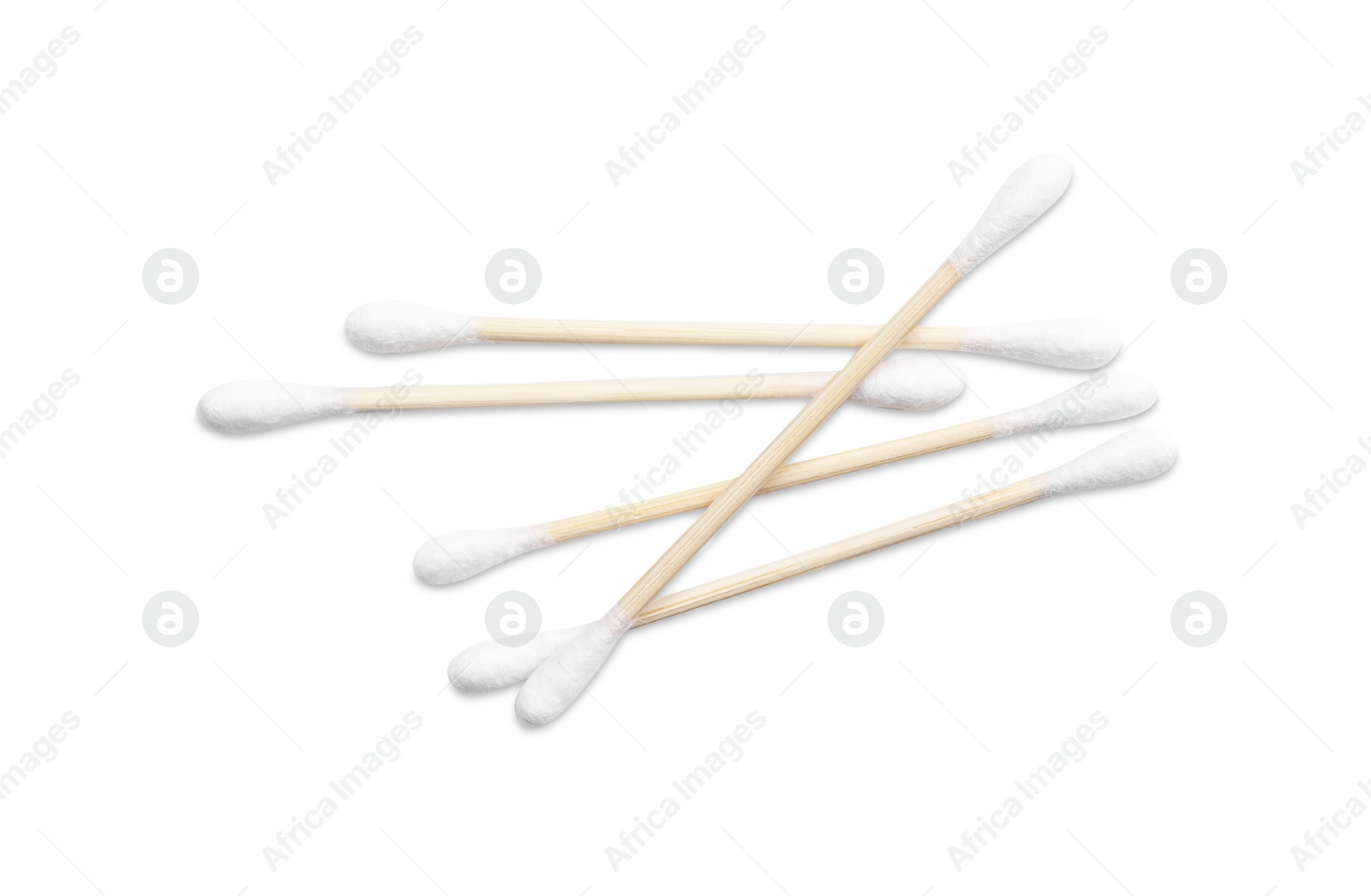 Photo of Wooden cotton buds on white background, top view