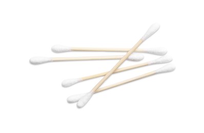 Photo of Wooden cotton buds on white background, top view