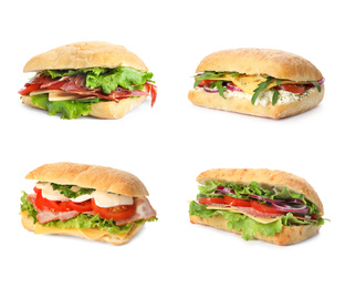 Image of Set of delicious sandwiches on white background