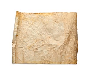 Photo of Sheet of old parchment paper isolated on white, top view. Space for design