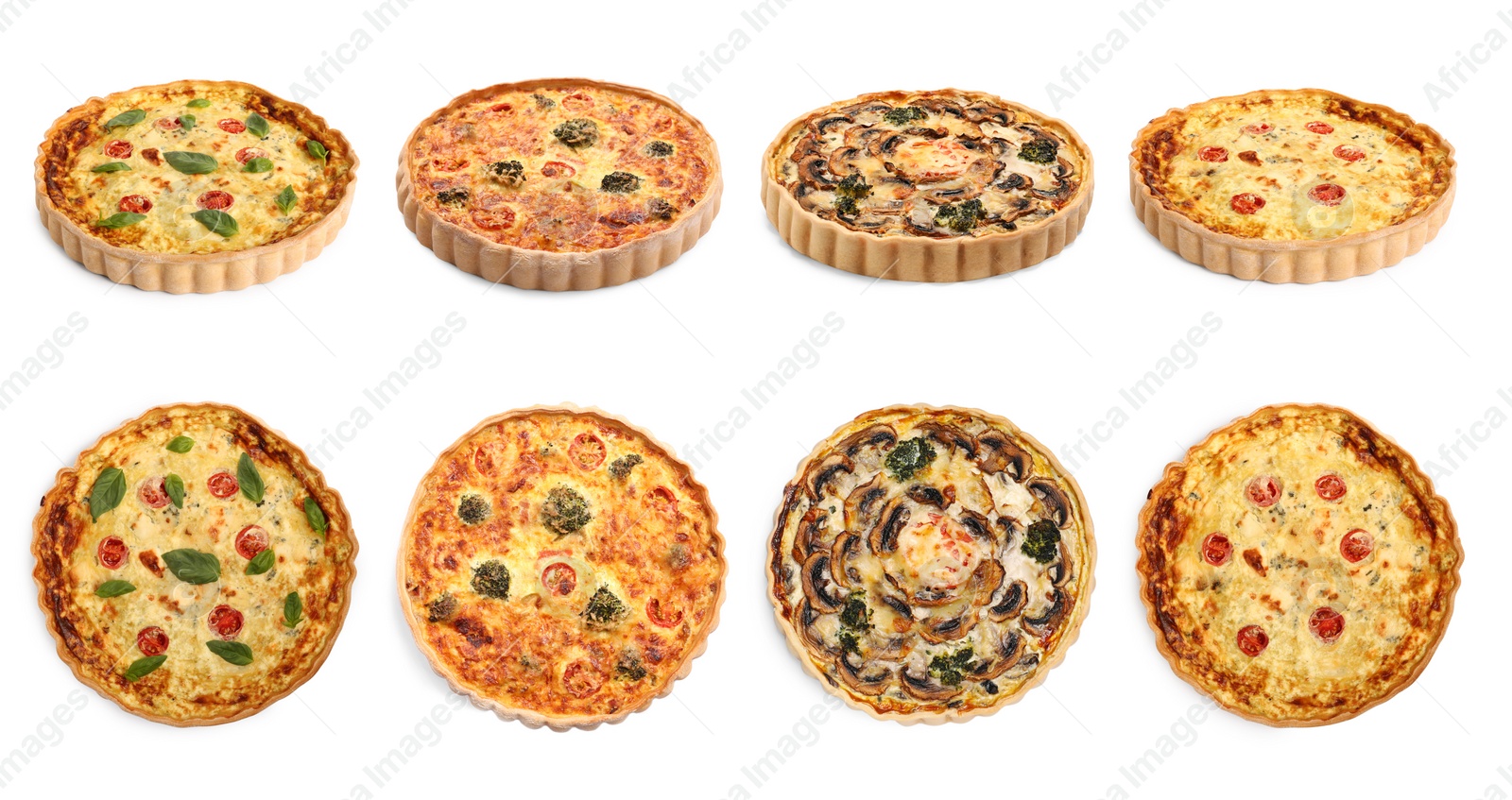 Image of Different tasty quiches isolated on white, collage with side and top views