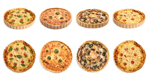 Image of Different tasty quiches isolated on white, collage with side and top views