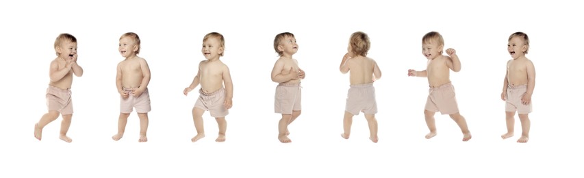 Image of Collage with photos of cute baby learning to walk on white background. Banner design