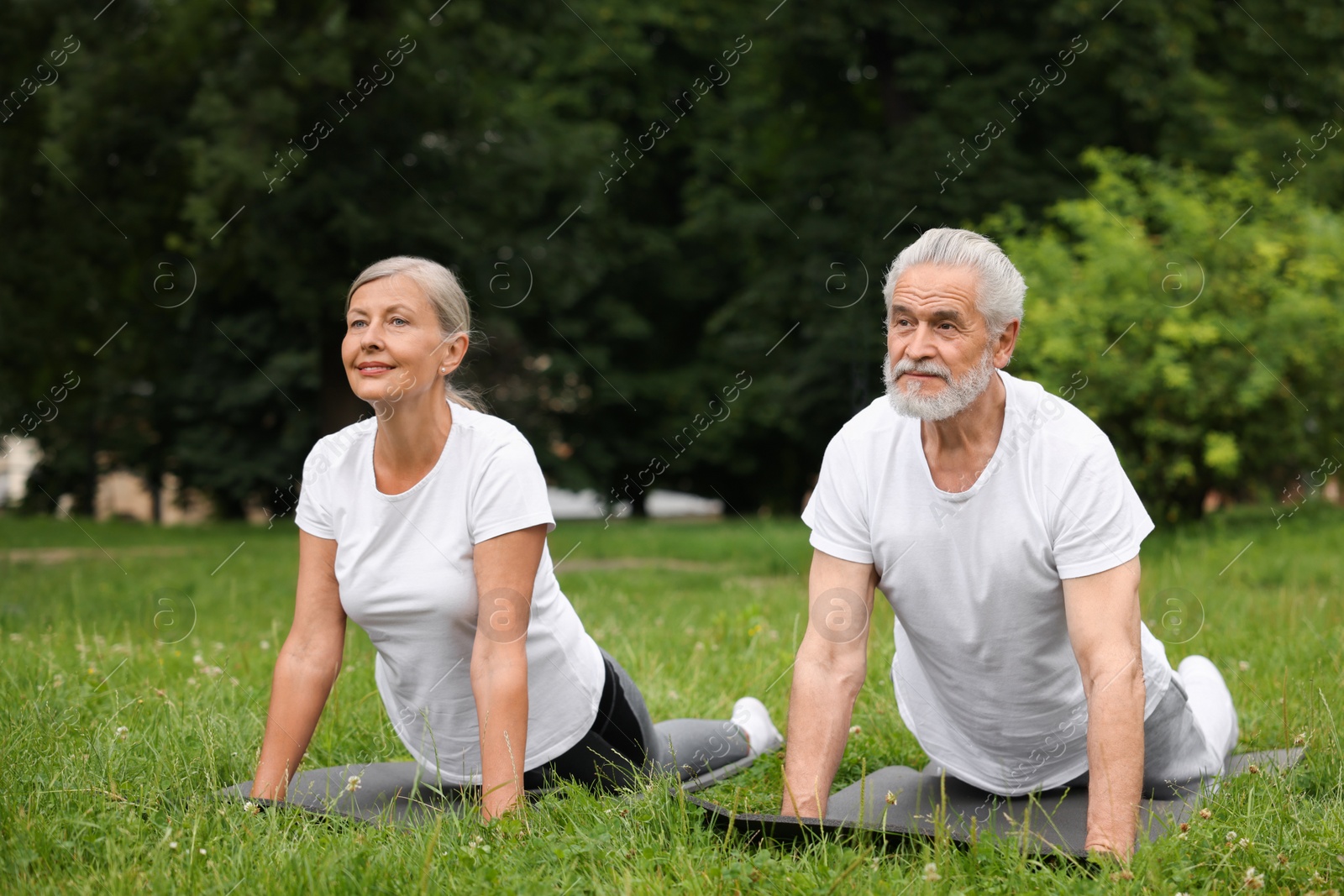 Photo of Senior couple practicing yoga on green grass in park