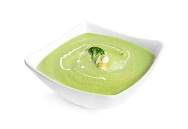 Photo of Delicious broccoli cream soup isolated on white