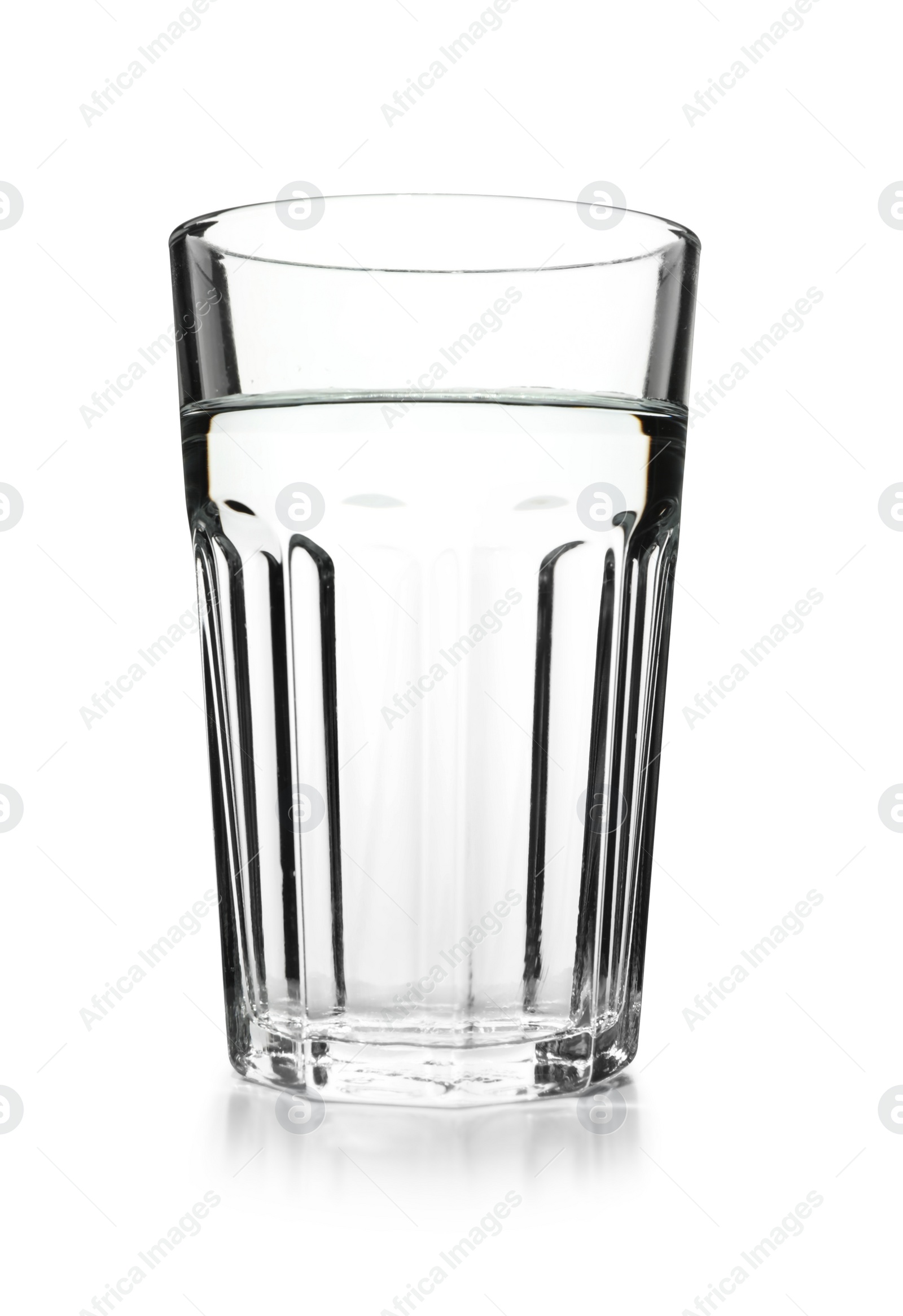 Photo of Glass of cold clear water on white background. Refreshing drink